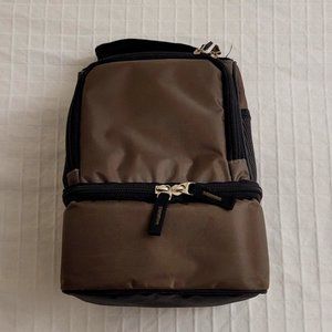Brown nylon insulated lunch bag with containers.